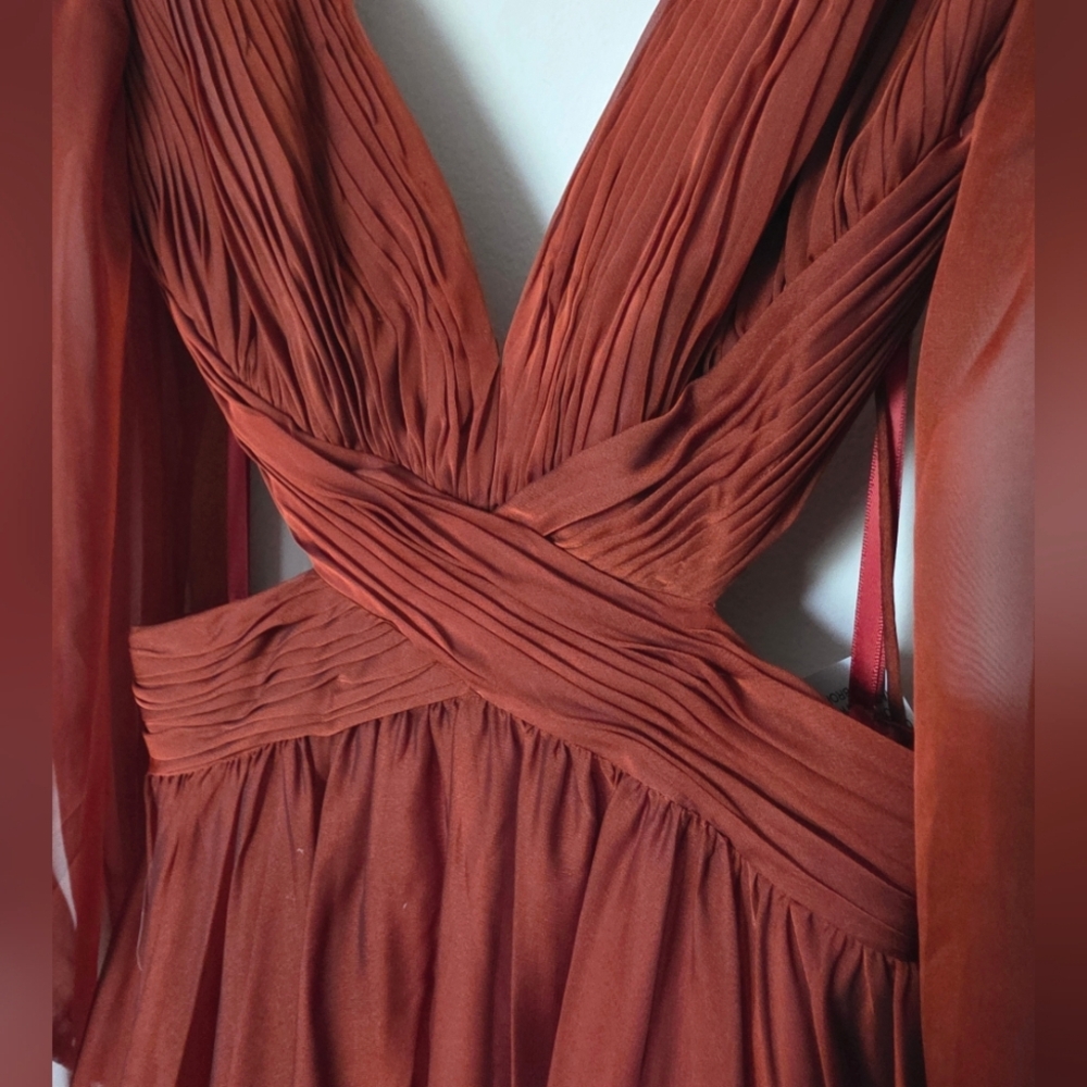 Mac Duggal 67948 Copper Criss Cross Waist Bishop Sleeve Dress Sz. 2 - Picture 6 of 12